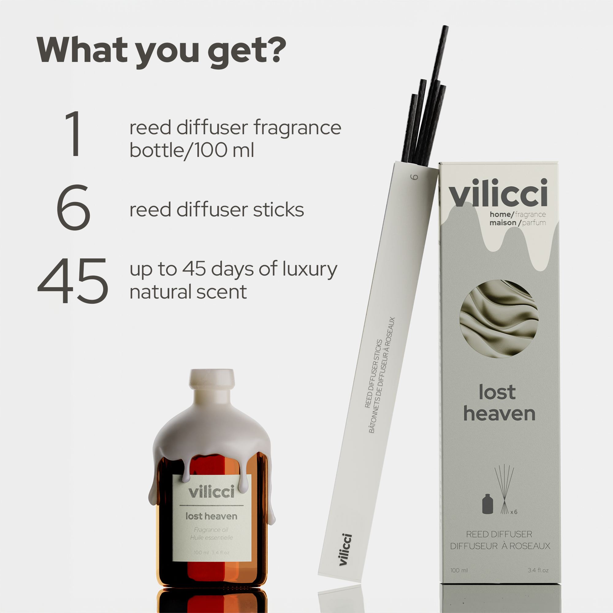 Vilicci Lost Heaven home diffuser set with 100ml bottle, 6 reeds, and up to 45 days of clean, long-lasting fragrance
